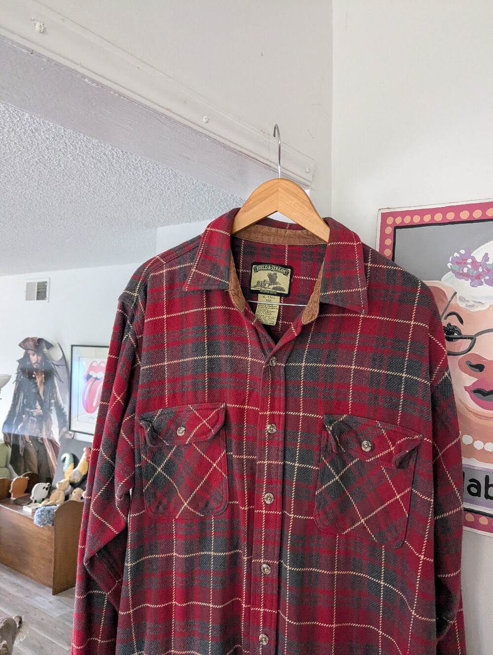 Vintage Field & Stream Flannel Heavy Thick Shirt Buffalo Plaid Red Mens XL Tall